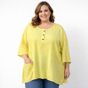 Calessa Shirt Womens 1X Yellow Textured Tunic Top 3/4 Sleeve Henley Plus